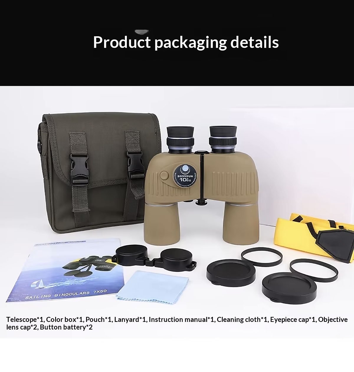 Complete binocular accessory kit spread out, show all included parts for convenient outdoor terrain observation recreational optics use